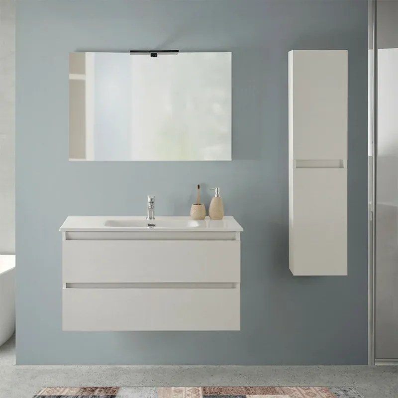Mobile bagno sospeso 90 cm rovere bianco completo con lavabo Nadia
