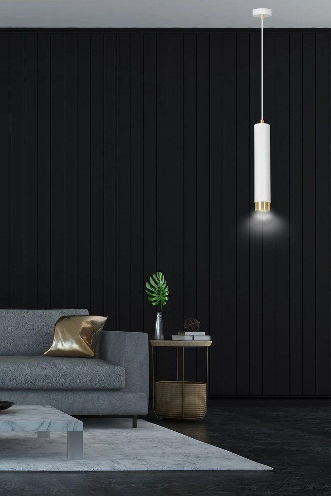 Sospensione 1 Luce Kibo In Acciaio Bianco Con Tubolare In Bianco E Oro