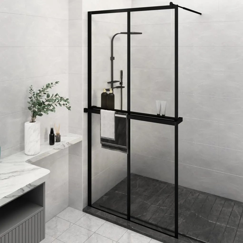 Parete Doccia Con Mensola Nera 118x190 Cm Vetro Esg E Alluminio /
