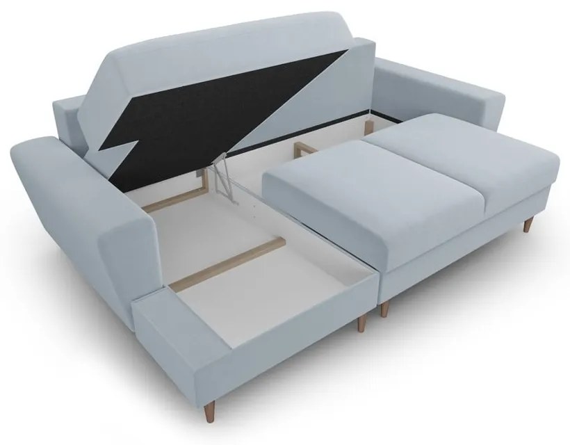 Divano angolare azzurro allungabile e con contenitore (con penisola a sinistra/con chaise lounge) con rivestimento in velluto Kyoto – Cosmopolitan Design