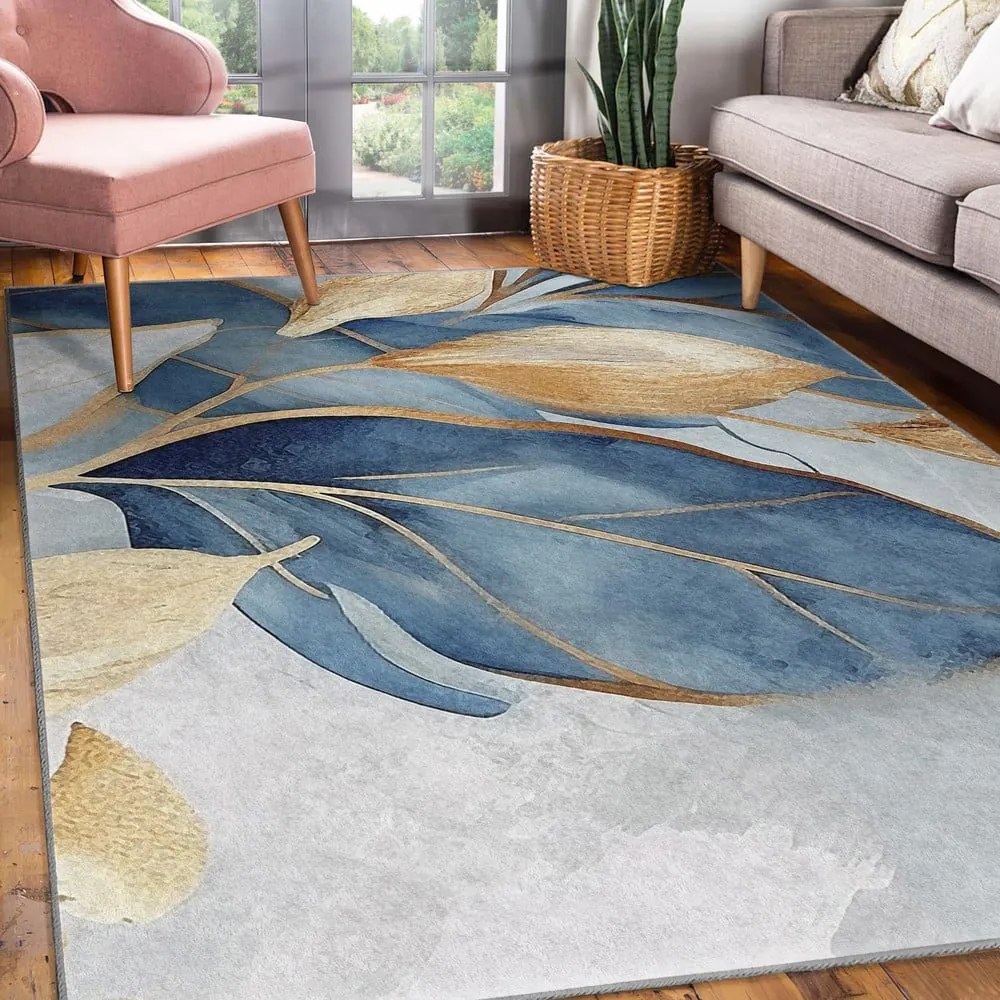 Tappeto blu/dorato lavabile 120x180 cm Golden Leaves – Mila Home