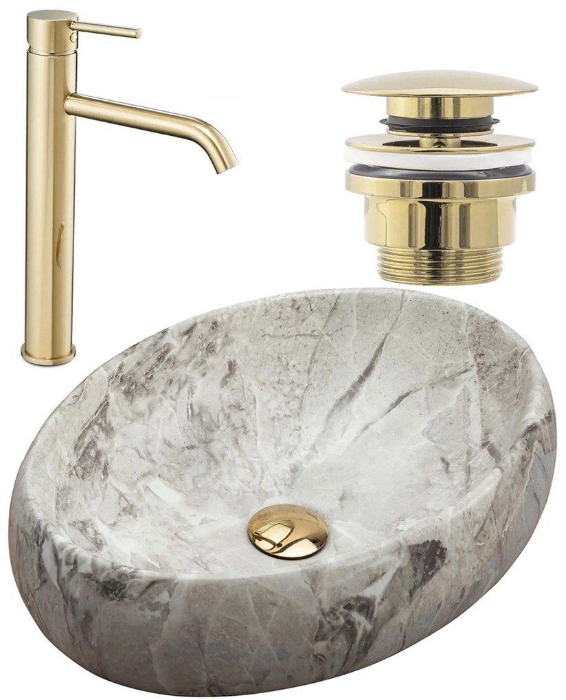 Set Lavabo da appoggio Linda stone + Rubinetto da bagno Lungo gold + Tappo gold