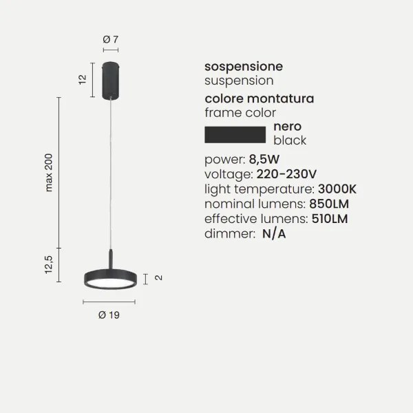 Lampada a sospensione NINA D19 cm in metallo verniciato Nero 1 Luce Led