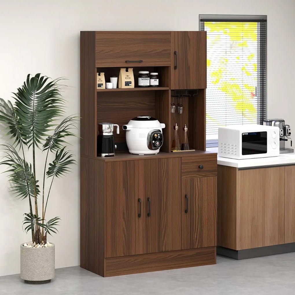 Costway Armadio dispensa con vetrina e prese di corrente, Armadio da cucina con portabicchieri cassetto e ripiani regolabili per sala da pranzo