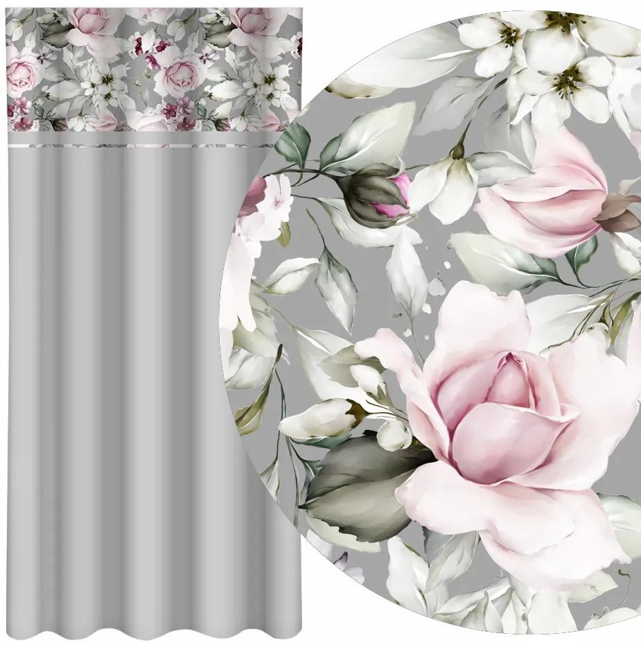 Tenda semplice grigio chiaro con stampa di peonie rosa Larghezza: 160 cm | Lunghezza: 250 cm