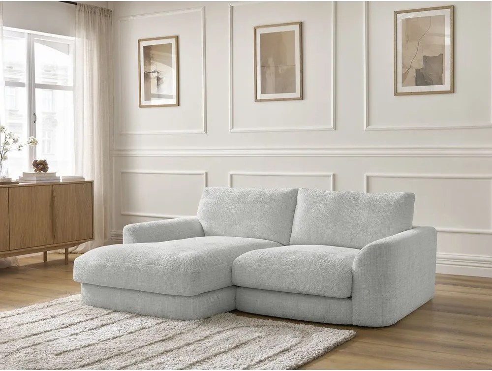 Divano angolare grigio chiaro (con penisola a sinistra/con chaise lounge) con rivestimento in ciniglia Leonore – Bobochic Paris