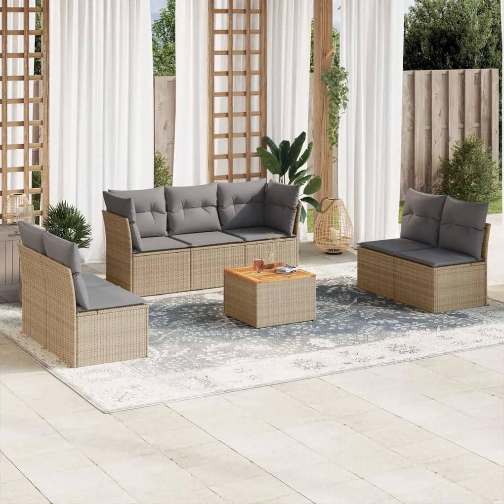 Set divano da giardino 8 pz con cuscini beige misto polyrattan