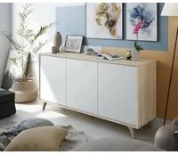 Credenza Arvada, Madia moderna a 3 ante e ripiani, Buffet da cucina, Buffet di design da soggiorno, cm 154x40h75, Rovere e Bianco