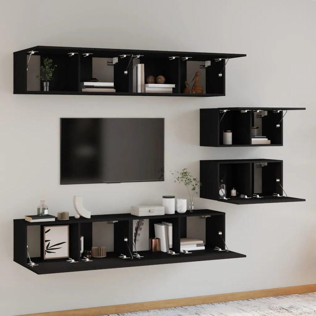 Set mobili porta tv 6 pz nero in legno multistrato