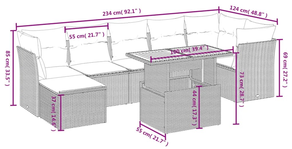 Set divano da giardino 8 pz con cuscini grigio in polyrattan