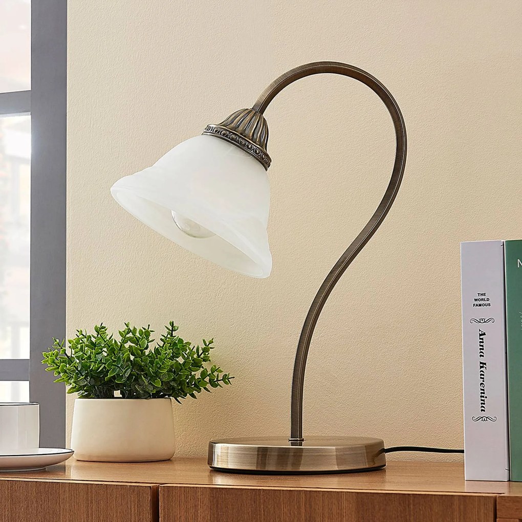 Lindby Lampada da tavolo Mialina, vetro, metallo, bianco alabastro, 42 cm