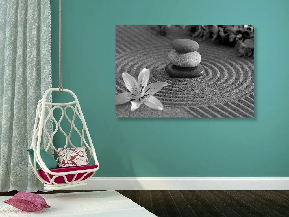 Quadro su tela – Giardino Zen e pietre nella sabbia in bianco e nero