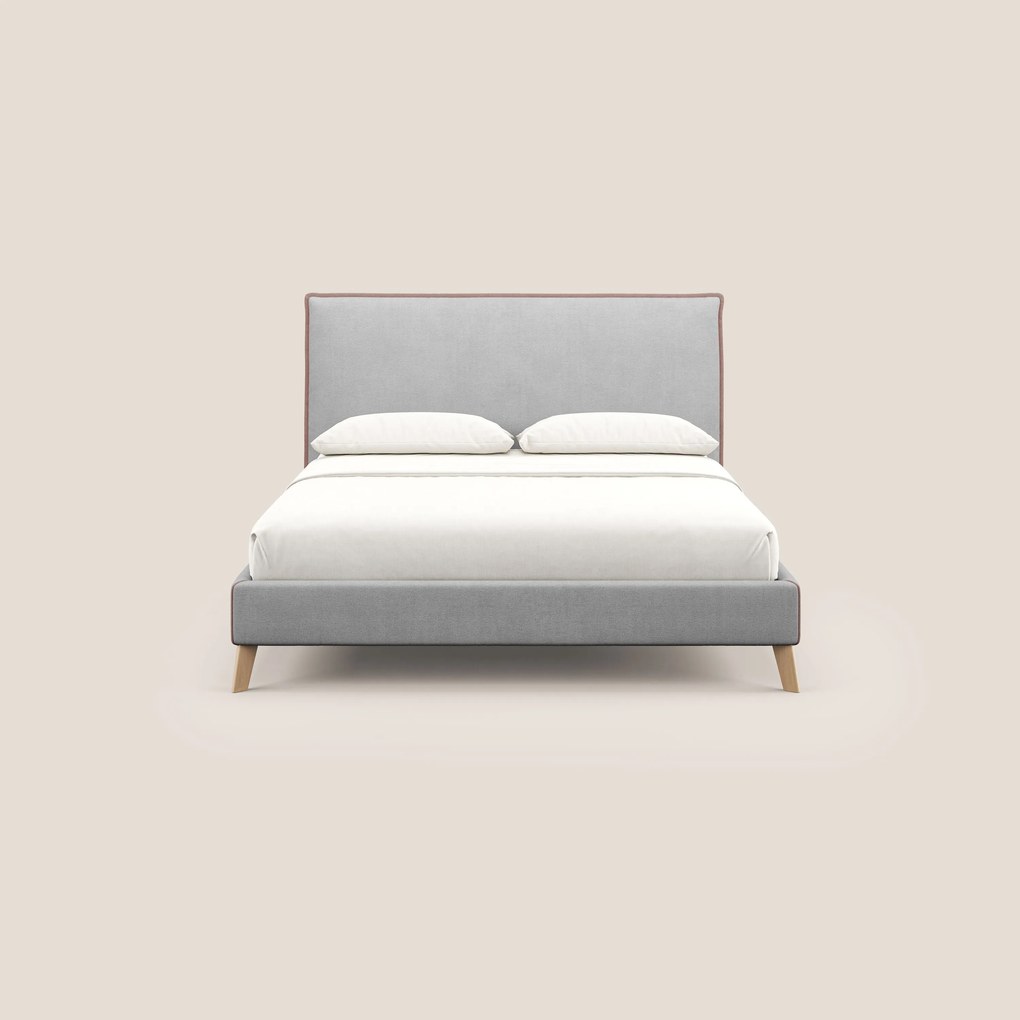 Leila letto imbottito con piedini legno in tessuto smacchiabile T17 grigio - rosa