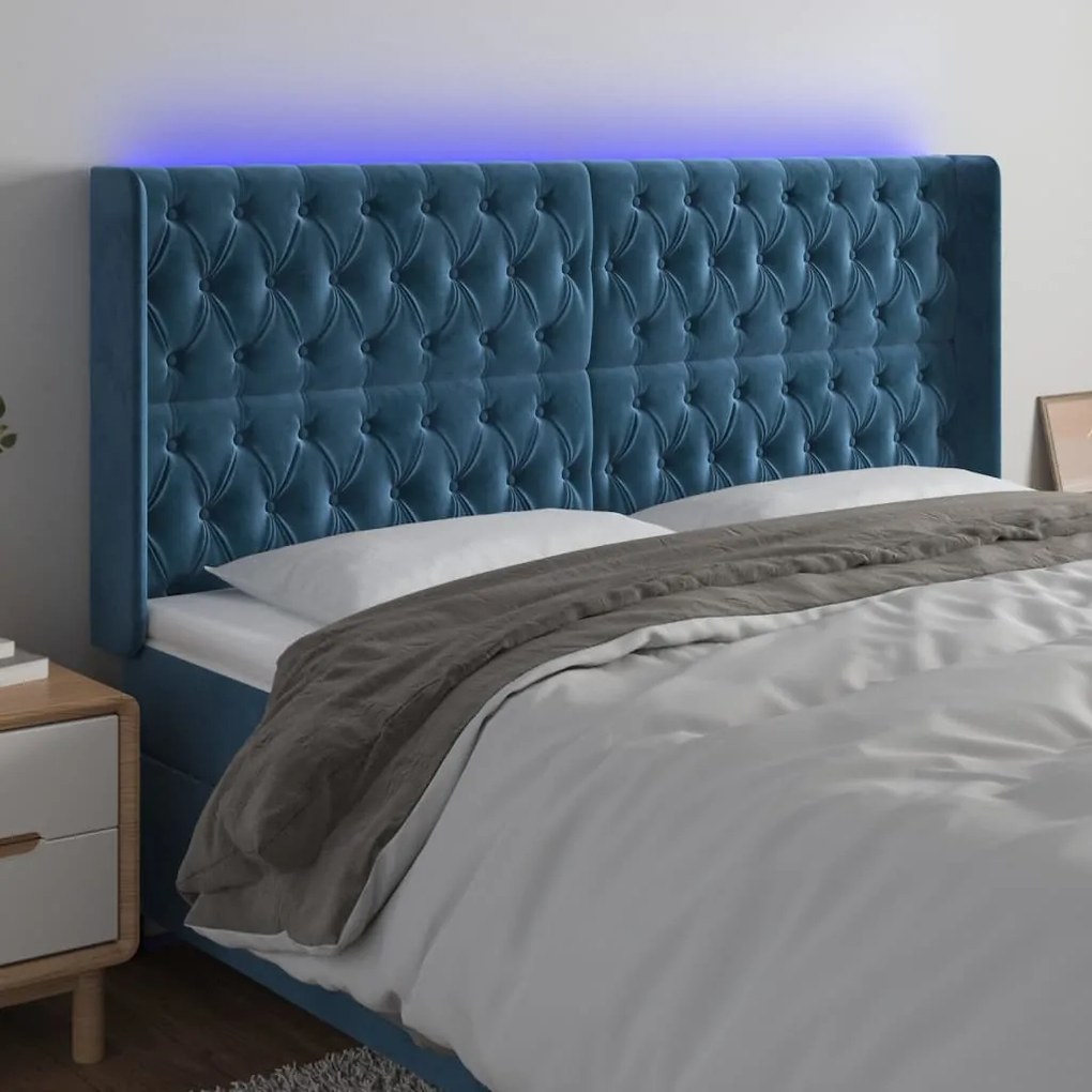 Testiera A Led Blu Scuro 183x16x118/128 Cm İn Velluto /