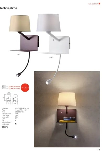 Redo 01-1807 - Applique a LED TOMO 1xE27/42W/230V+1xLED/3W