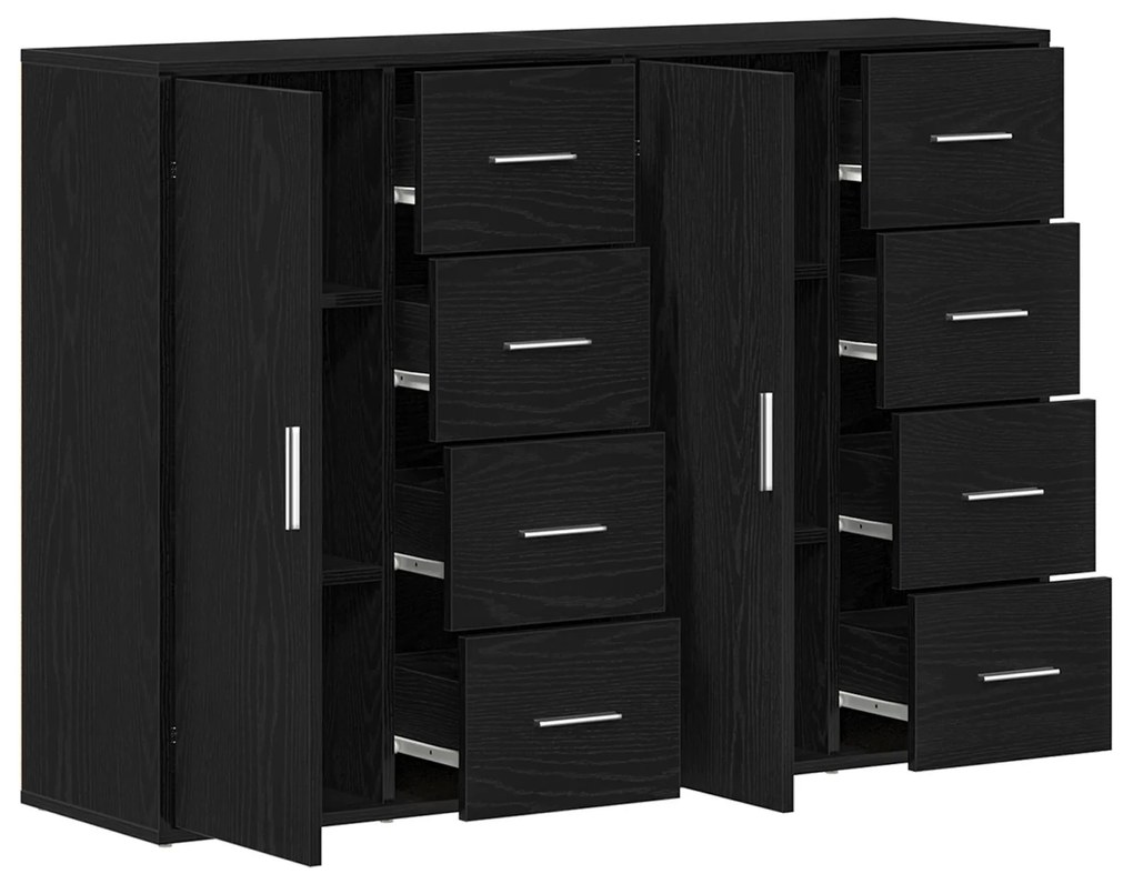 Sideboard set di 2 quercia nera legno, maniglie in metallo medio
