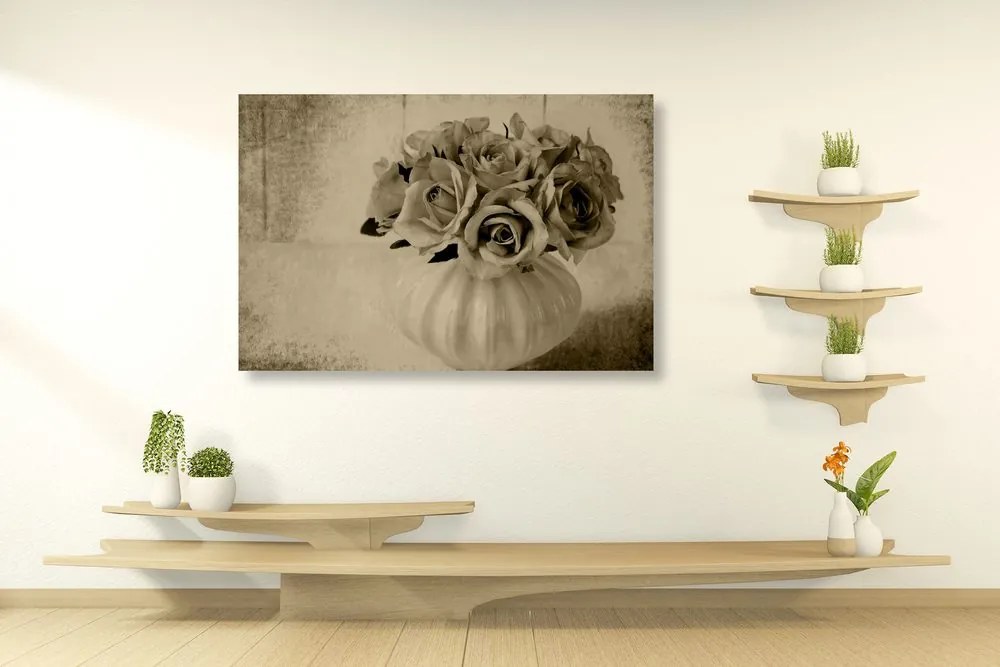 Quadro su tela – Rose nel vaso in versione seppia