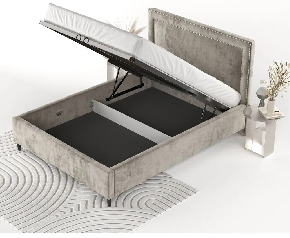 Letto matrimoniale imbottito beige con spazio contenitivo e rete 140x200 cm Baleine - Maison de Rêve