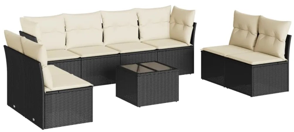 Set divani da giardino 9 pz con cuscini nero in polyrattan