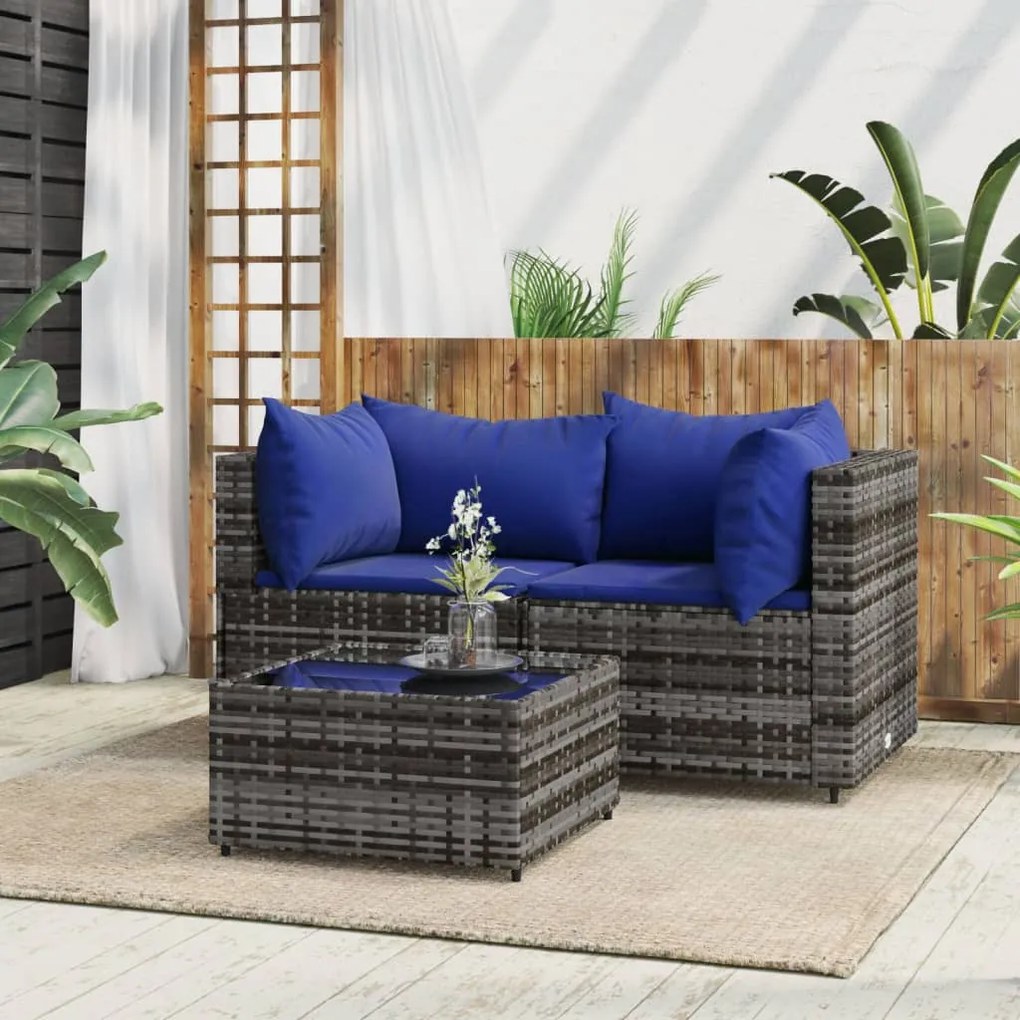 Set divani da giardino 3 pz con cuscini in polyrattan grigio