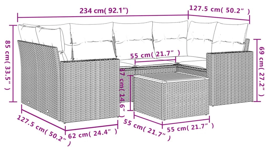 Set divani da giardino 7 pz con cuscini grigio in polyrattan