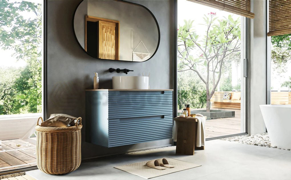 Mobile bagno sky blue 100x45 Mango due cassetti soft close con top quercia e lavabo tondo da appoggio in ceramica lucida