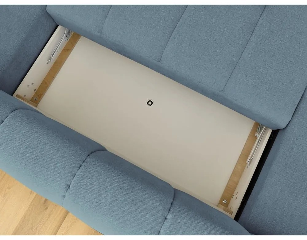 Divano angolare blu allungabile e con contenitore (penisola a destra/a U) con rivestimento in ciniglia Fuji – Bobochic Paris