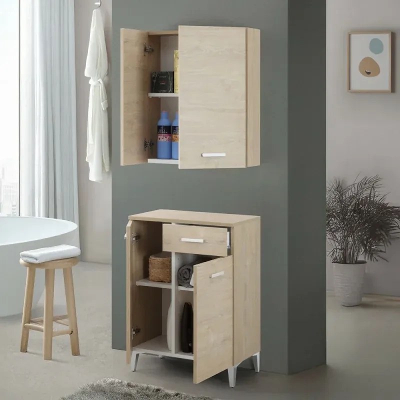 Pensile bagno sospeso 60 cm rovere dolomite con ante e ripiano interno Desya