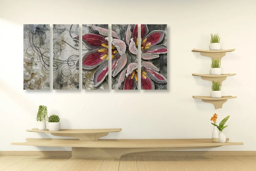 Quadri 5 pezzi – Fiori con perle