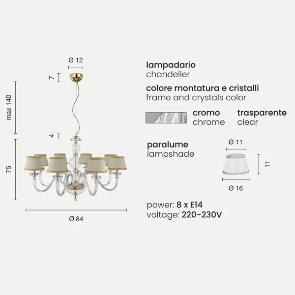 Lampada a sospensione BACH con paralume in vetro trasparente 8 LUCI D84 cm CROMO