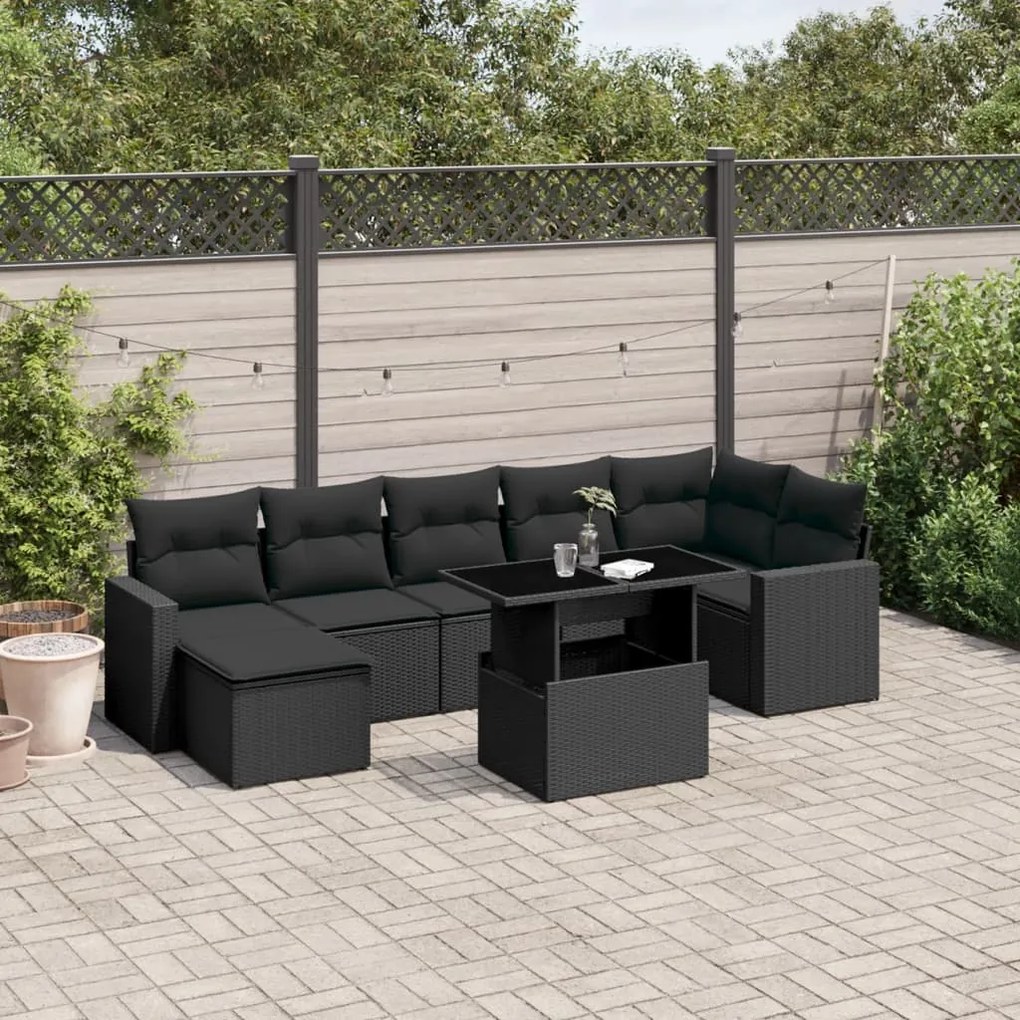 Set divani da giardino con cuscini 8 pz nero in polyrattan