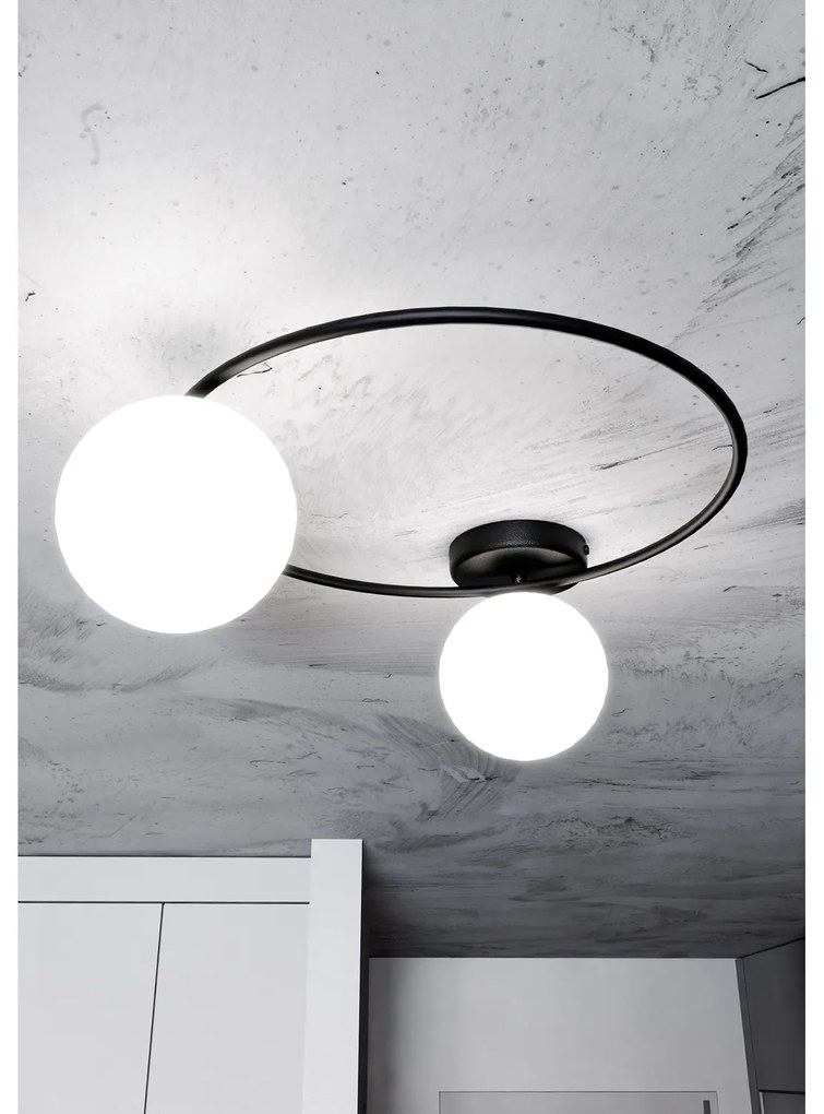 Plafoniera Minimal 2 Luci Perseo In Acciaio Nero E Sfere In Vetro Bianco