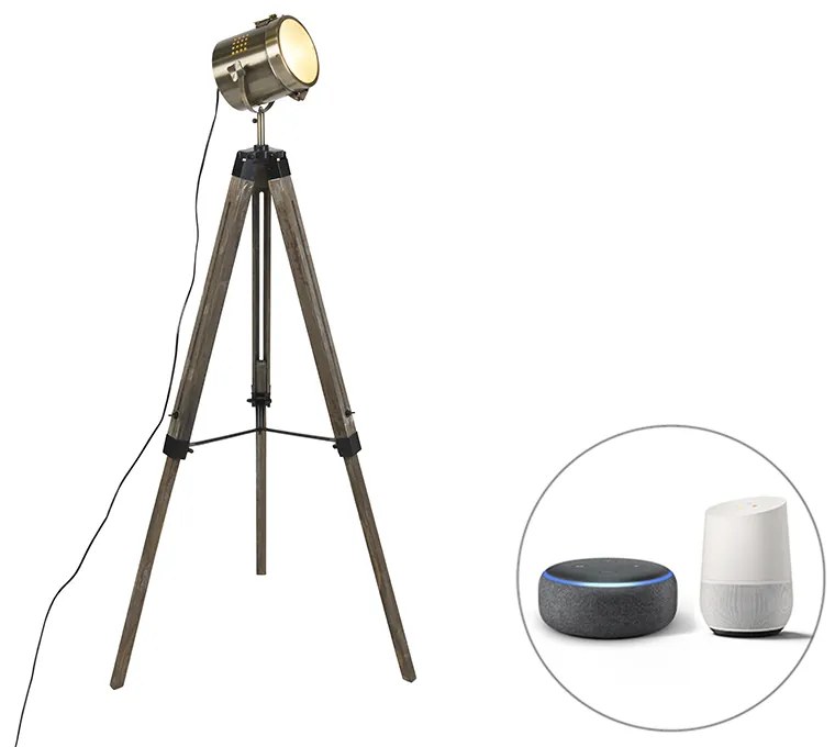 Lampada da terra intelligente a treppiede in legno con faretto da studio incl. Wifi B35 - Braha
