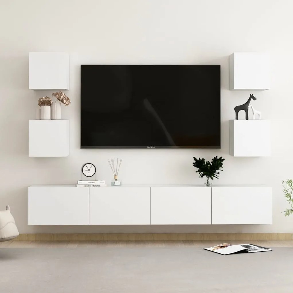 Set Mobili Porta Tv 6 Pz Bianco İn Legno Multistrato /