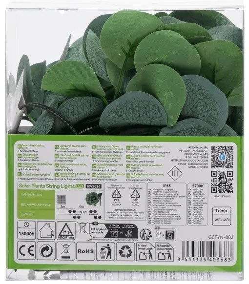 Aigostar - Catena LED solare 50xLED/7m IP65 bianco caldo eucalipto