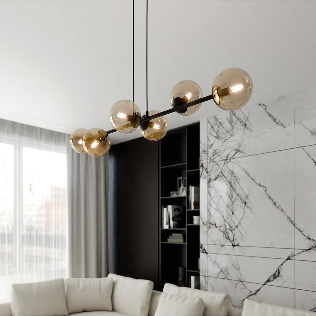Lampadario Contemporaneo 6 Luci Durga In Acciaio Nero E Sfere In Vetro Ambra