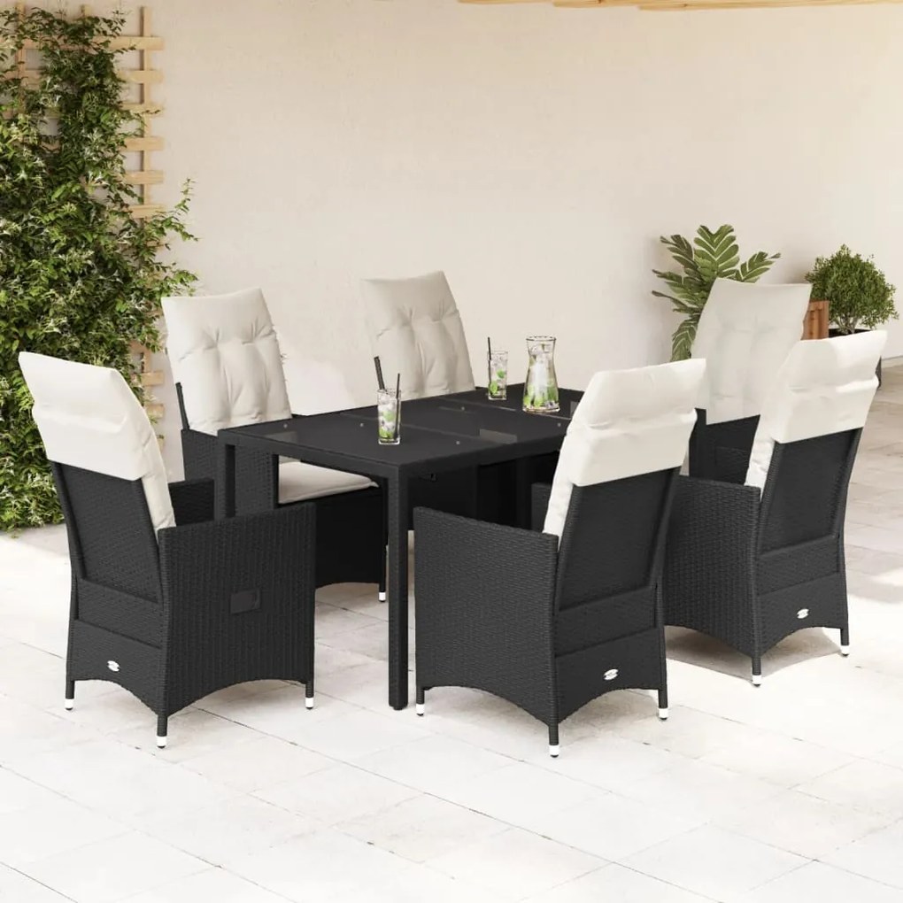 Set Da Pranzo Da Giardino 7 Pz Nero Con Cuscini İn Polyrattan /
