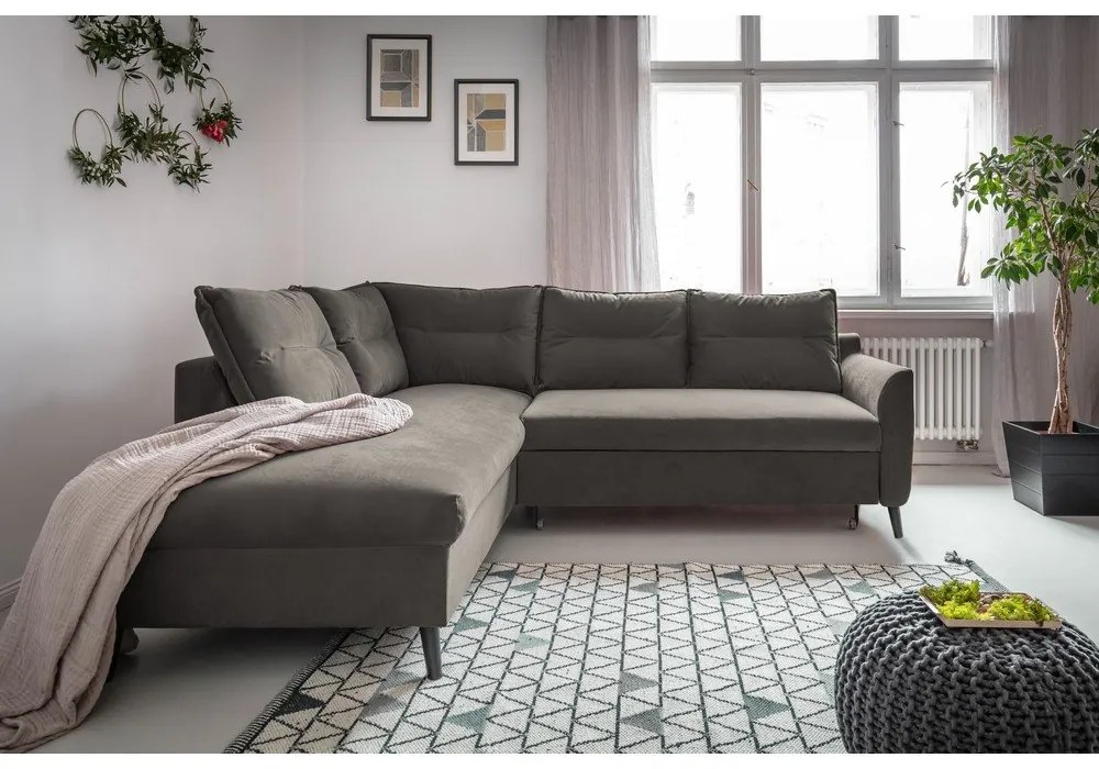 Divano letto angolare in velluto grigio scuro L, angolo sinistro Stylish Stan - Miuform