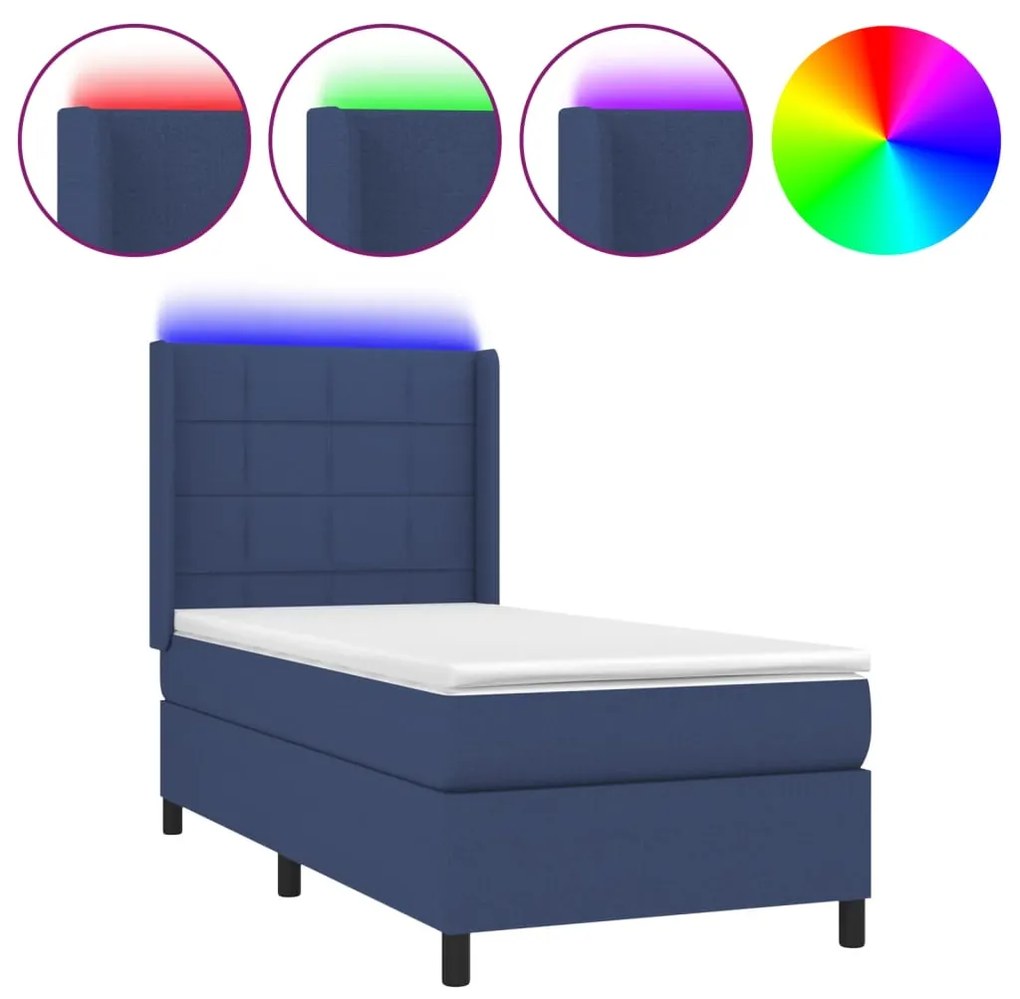 Letto a molle con materasso e led blu 90x190 cm in tessuto