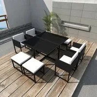 Set da Pranzo da Giardino 9 pz con Cuscini in Polyrattan Nero 42759