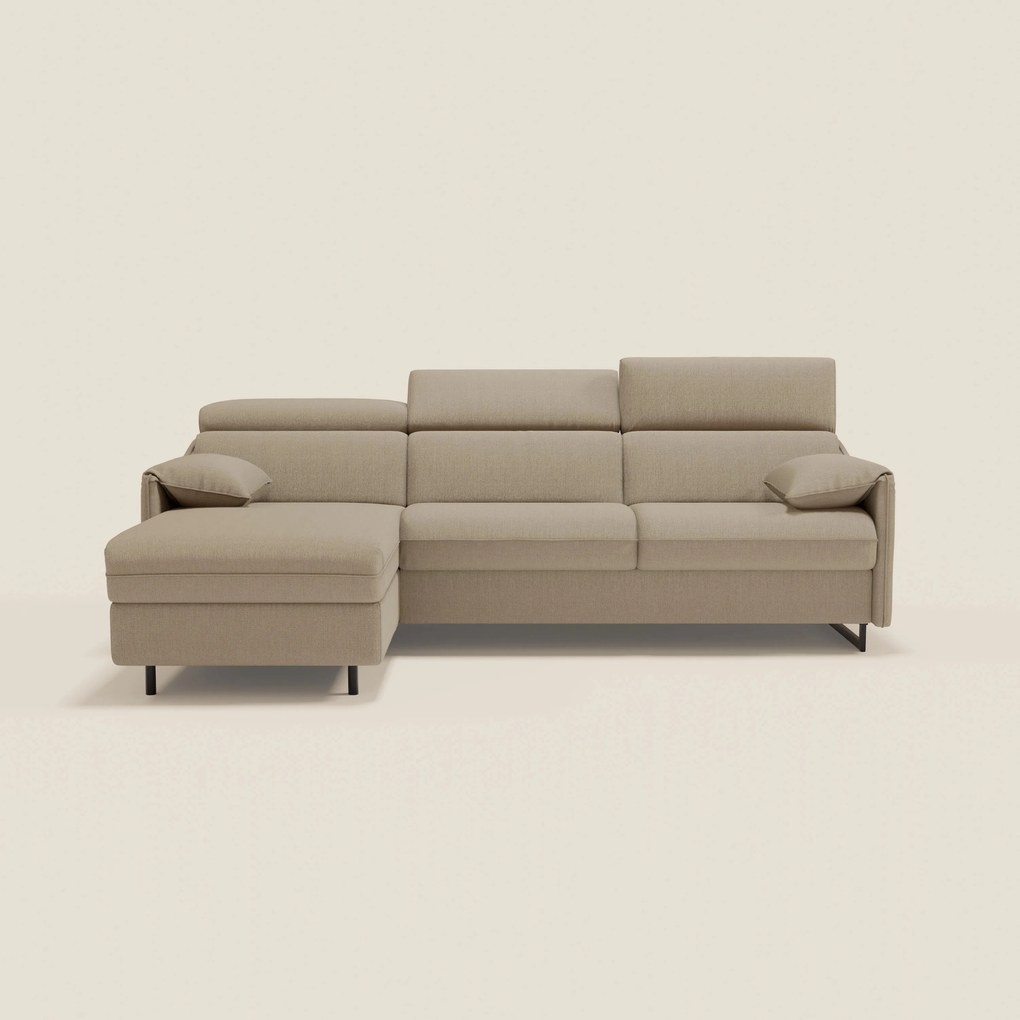Violetta Divano Letto Angolare con Penisola contenitore, Poggiatesta e Materasso Alto H18 in tessuto impermeabile T13 beige