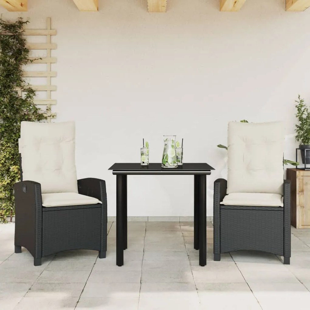 Set da pranzo da giardino 3 pz con cuscini nero in polyrattan