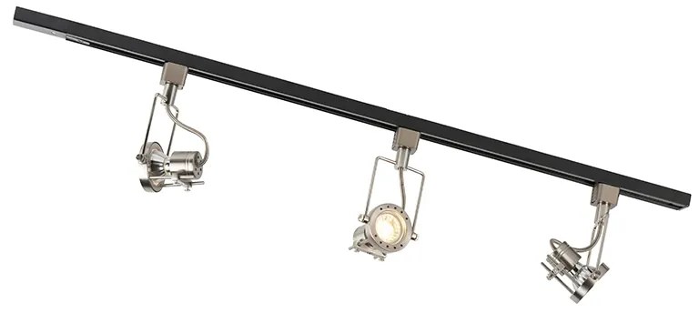 Sistema a binario con 3 faretti monofase nero con acciaio - Suplux