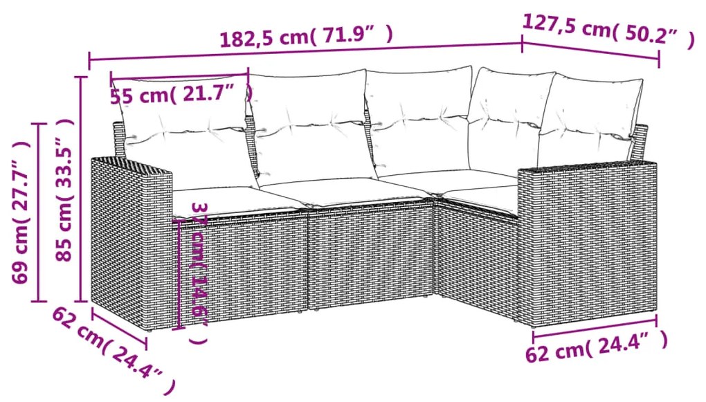 Set divano da giardino 4 pz con cuscini marrone in polyrattan