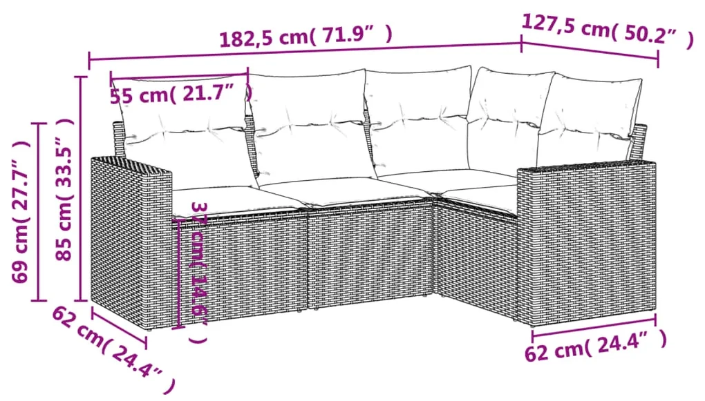 Set divano da giardino 4 pz con cuscini marrone in polyrattan