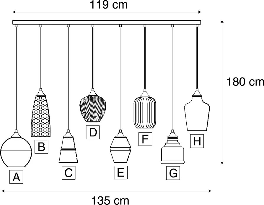 Lampada a sospensione Art Déco nera con vetro ambrato 8 luci - Hanne