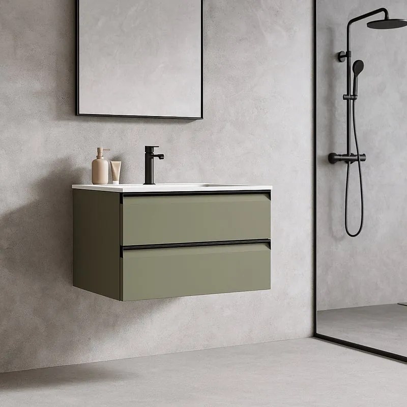 Mobile da bagno sospeso sotto lavabo L 79.5 x H 40 x P 45.5 cm verde salvia laccato opaco, 2 cassetti Fusion