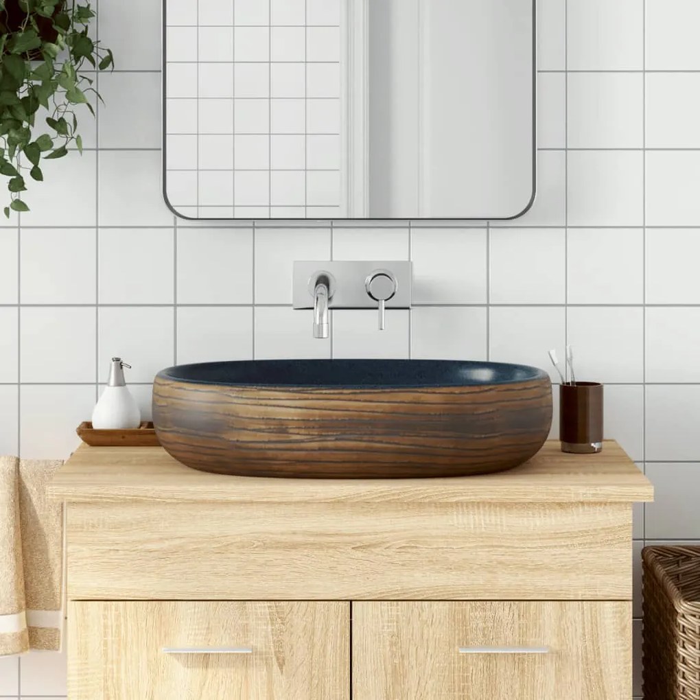 Lavabo Da Appoggio Marrone E Blu Ovale 59x40x14 Cm Ceramica /