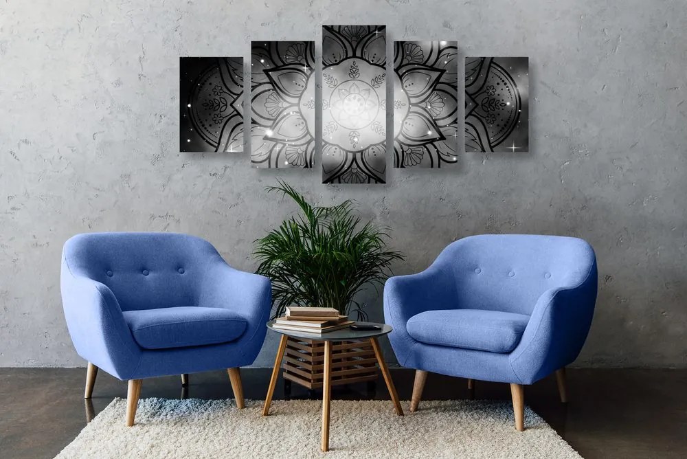 Quadri 5 pezzi – Mandala con sfondo galassia in bianco e nero
