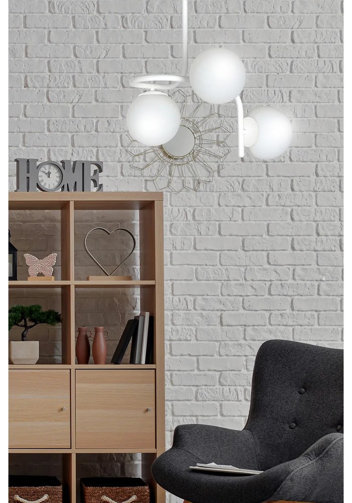Lampadario 3 Luci Rama In Acciaio Bianco A Bracci E Sfere In Vetro Opalino